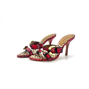 Roberto Cavalli Snakeskin Ivory Enamel Buckle Leopard Print Mules 36.5